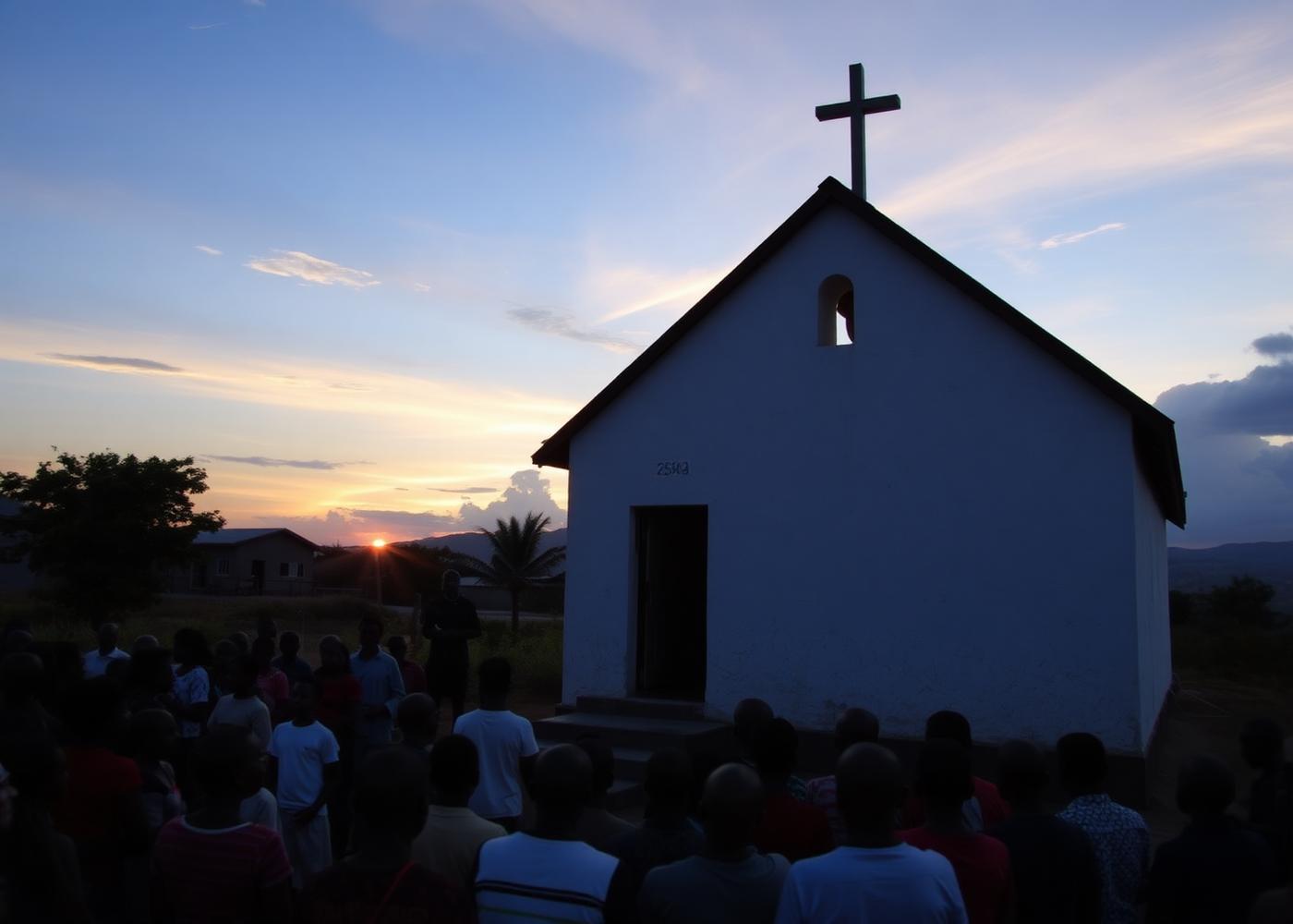 Church gathering in Haiti at sunset
