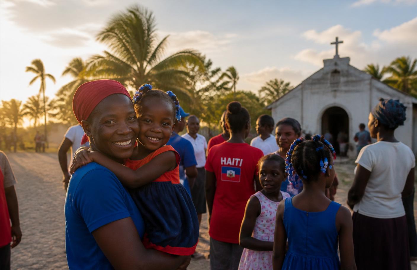 Haitian community gathered near a church at sunset