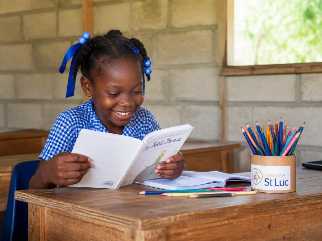 Haitian child reading a book with joy