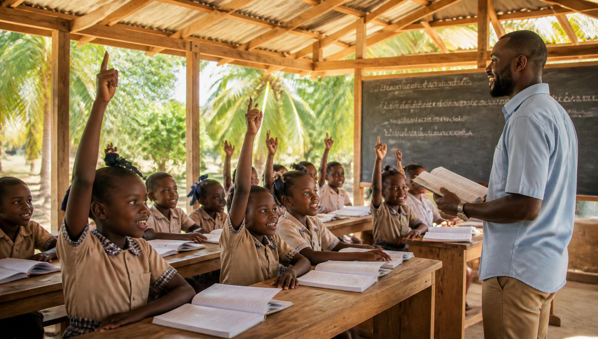 Haitian children learning in a classroom with their teacher