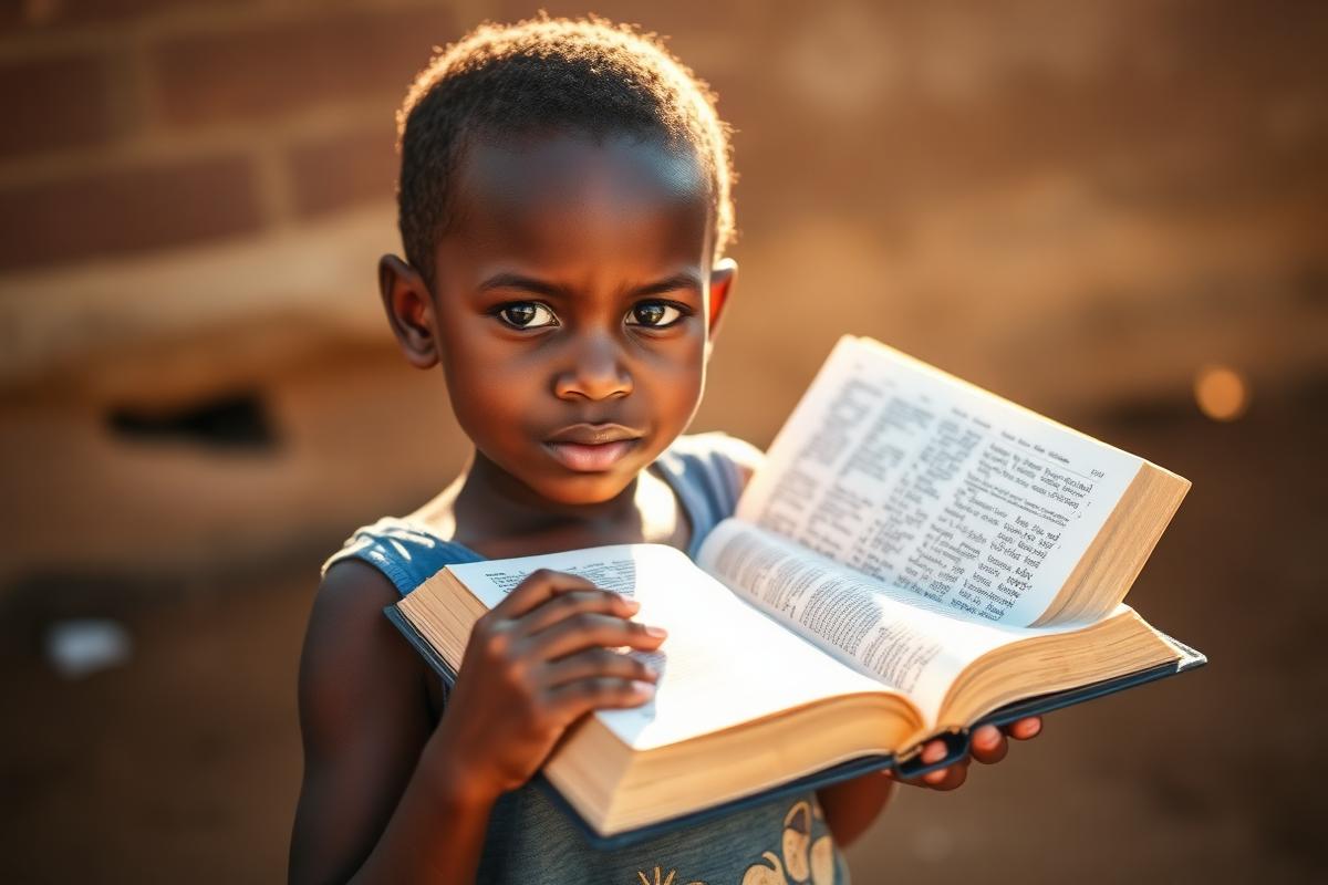 A Haitian child holding an open Bible, guided by purpose and faith
