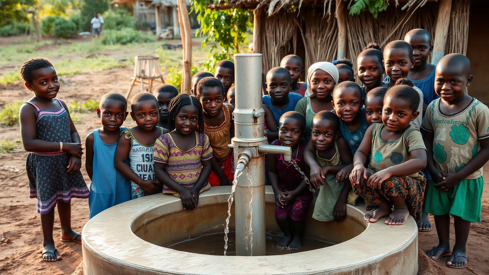 Families gathering at a water well in a Haitian village
