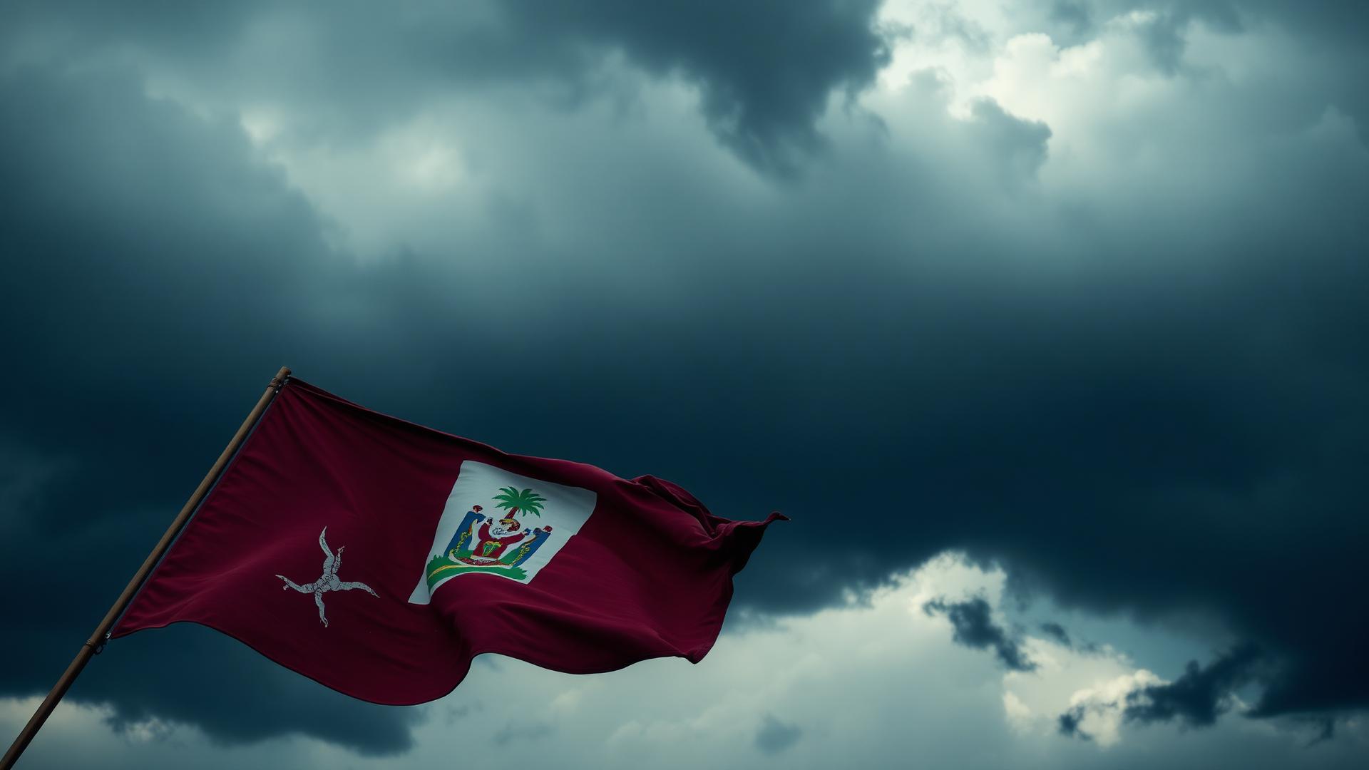 Haitian flag against a stormy sky during the humanitarian crisis