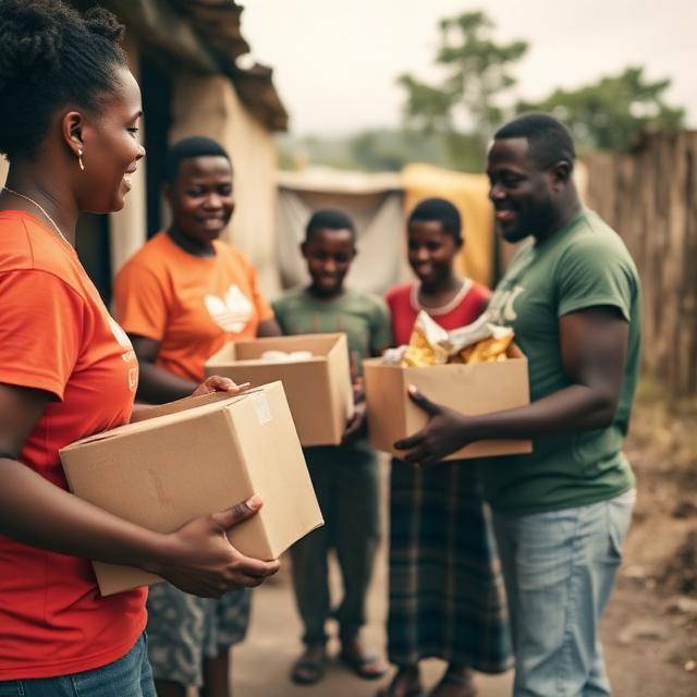 Volunteers giving relief supplies to Haitian families