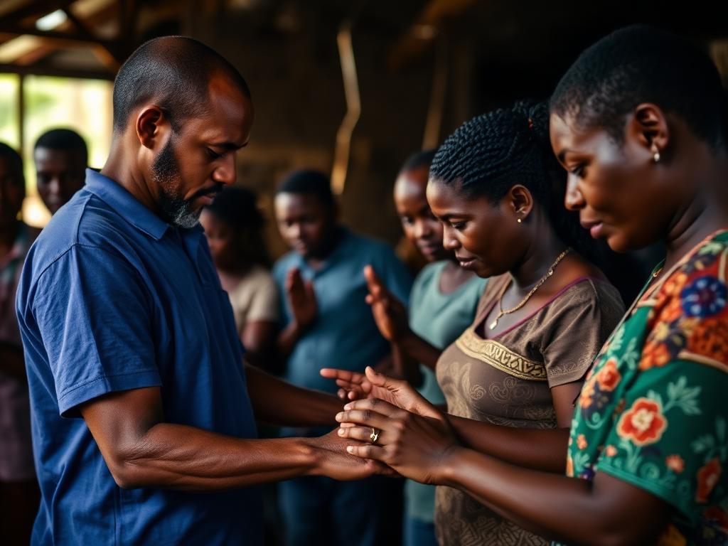 Volunteers praying together in Haiti
