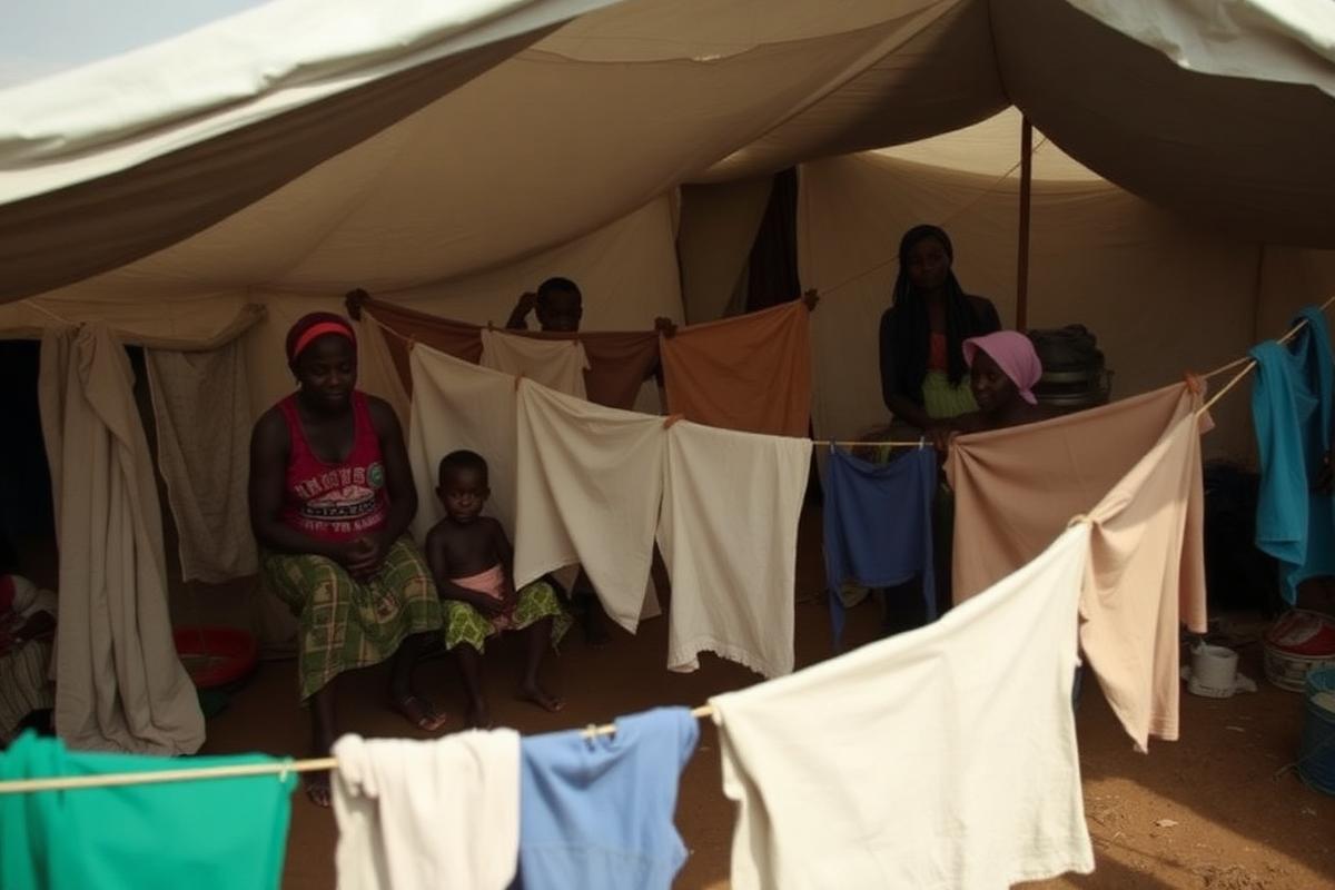 Displaced families sheltering in a tent camp
