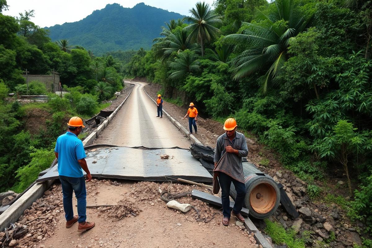 Workers repairing a damaged bridge and road