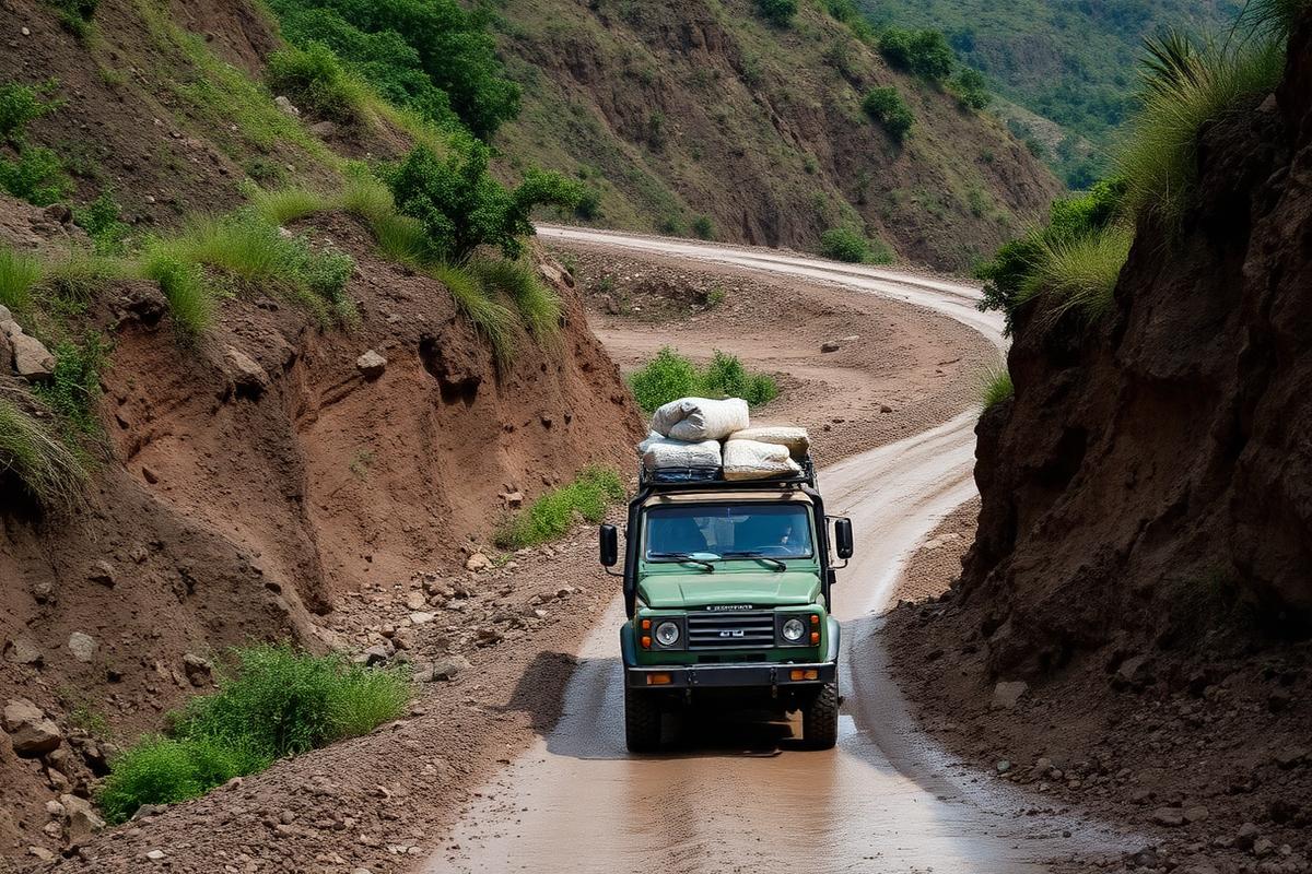 Aid truck on a damaged mountain road
