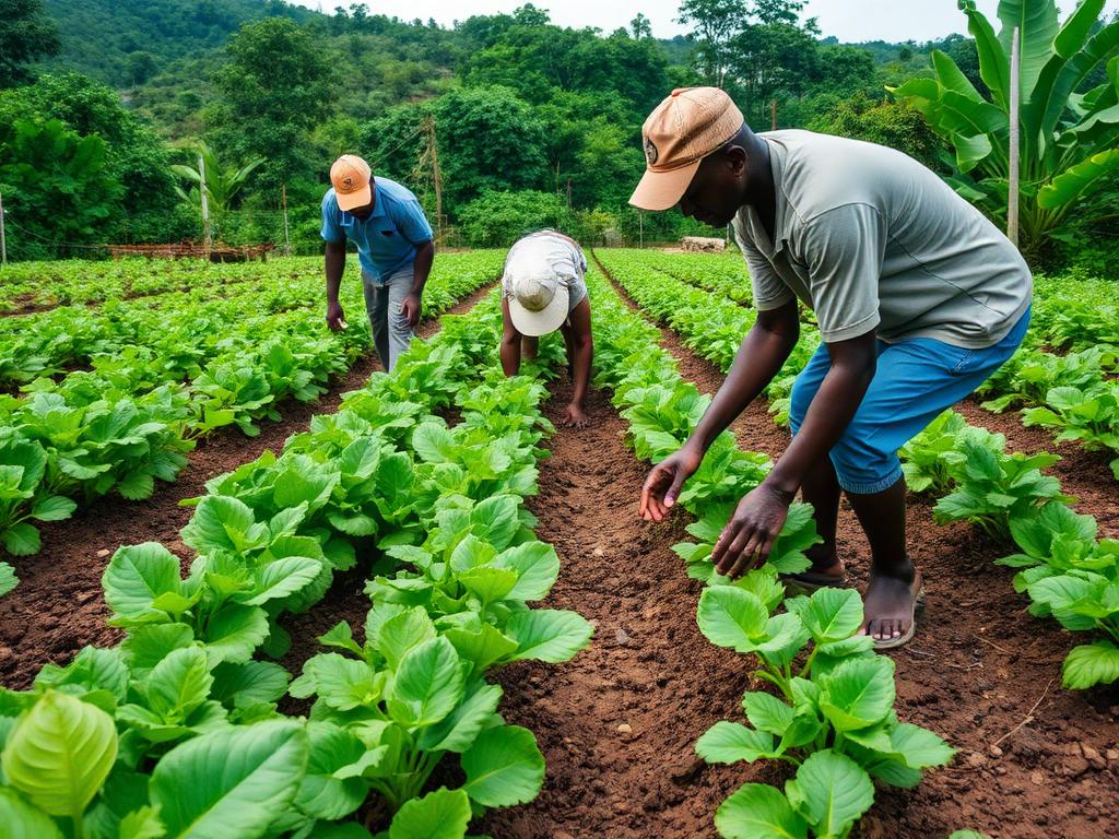Farmers tending a vegetable field in Haiti
