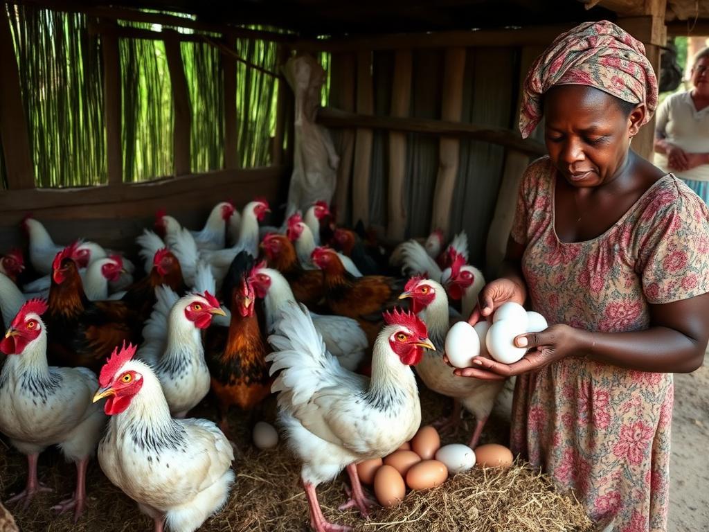 Woman collecting fresh eggs at a chicken coop in Haiti