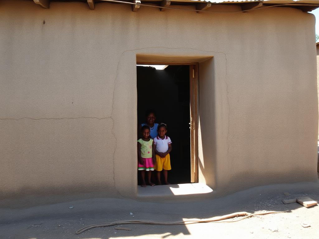 Family standing in the doorway of a newly built home in Haiti