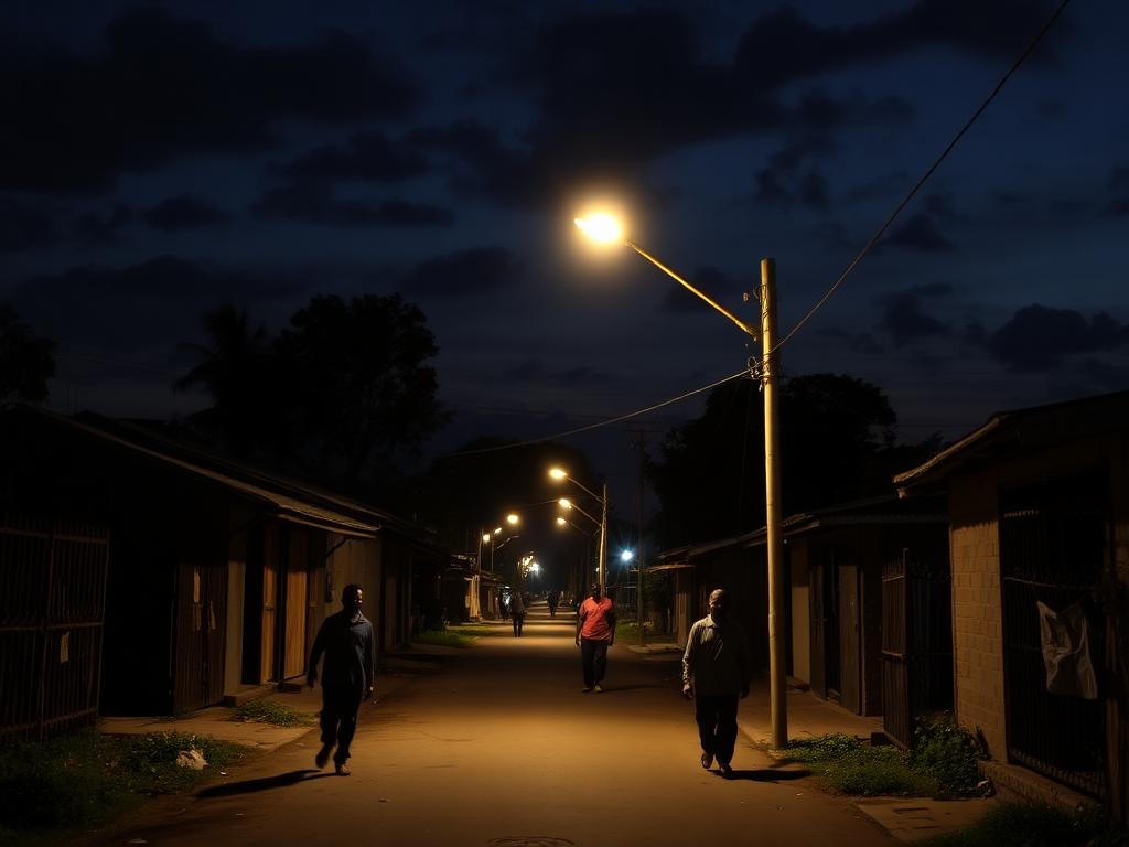 Solar street light illuminating a village street at night
