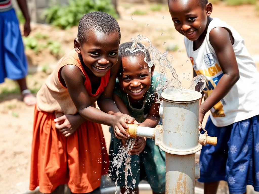 Children pumping clean water from a well in Haiti