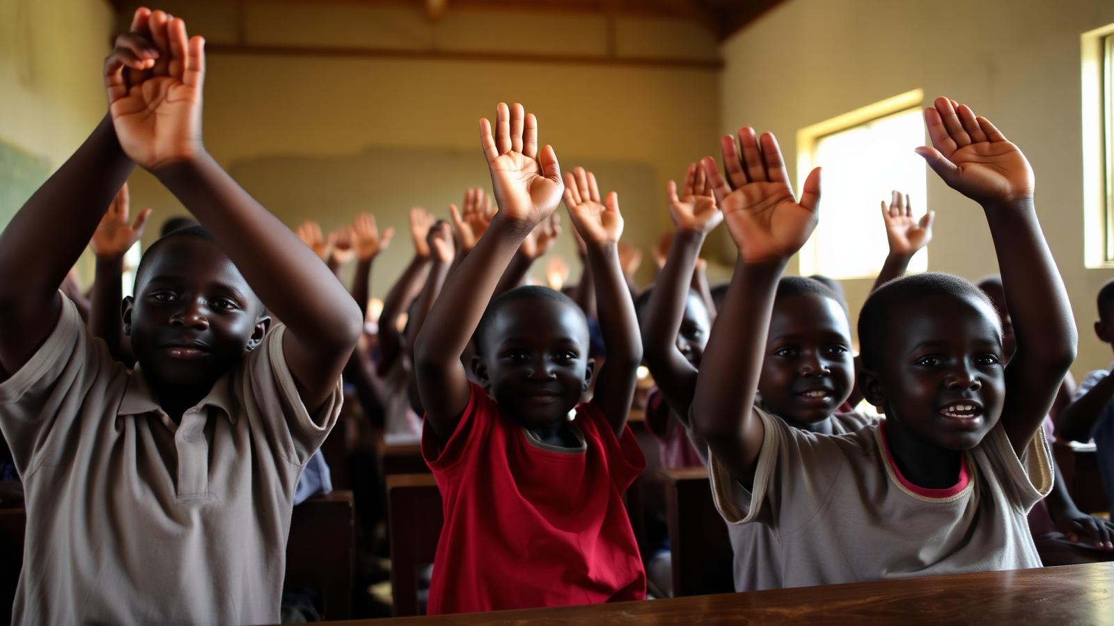 Children in a classroom raising their hands