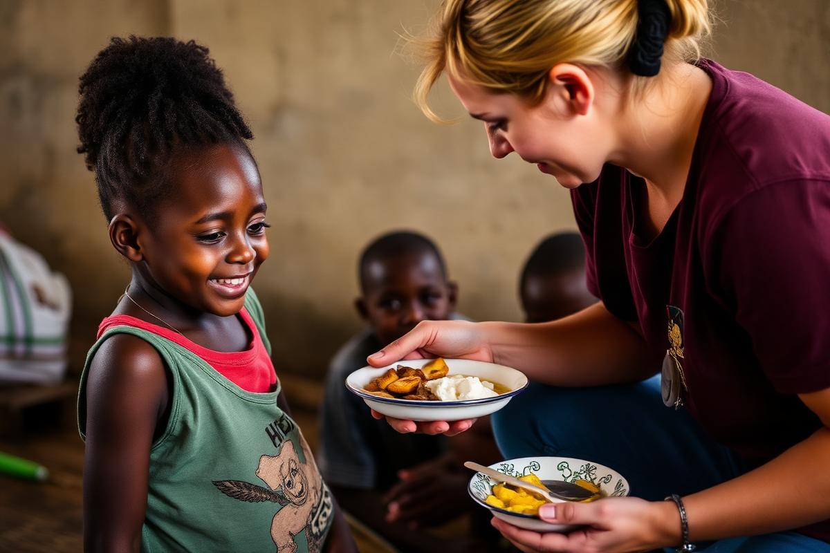 Volunteer serving a meal to a child
