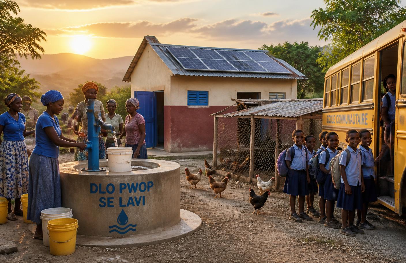 Haiti community development projects: water well, solar panels, school bus, and chicken coop