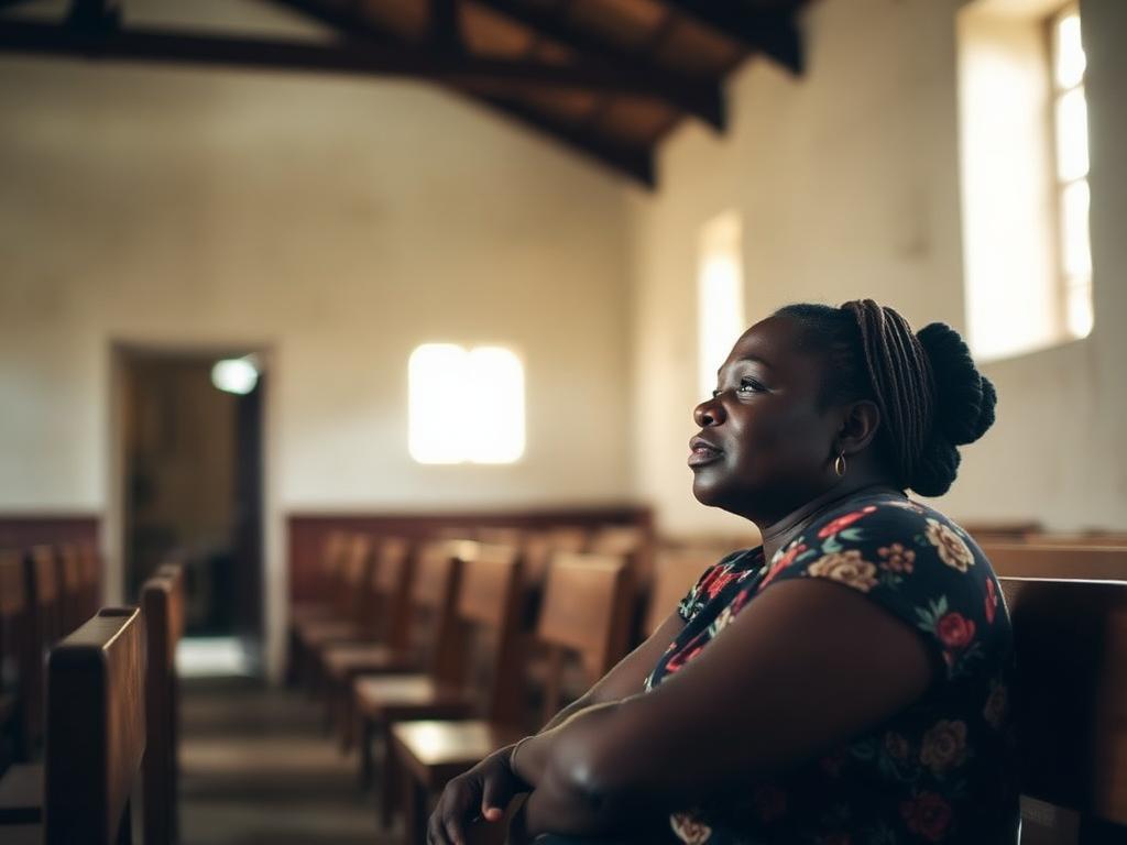 Haitian woman finding peace and healing in a church setting