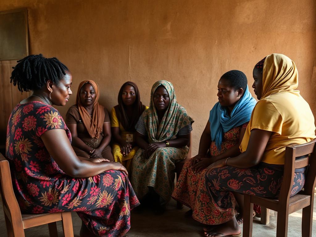 Circle of Haitian women sharing and praying together in a sisterhood of faith