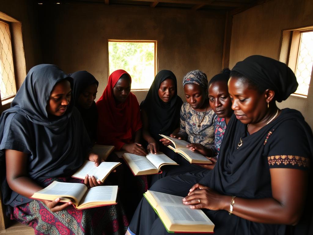 Haitian women learning to read and study the Bible together in a classroom