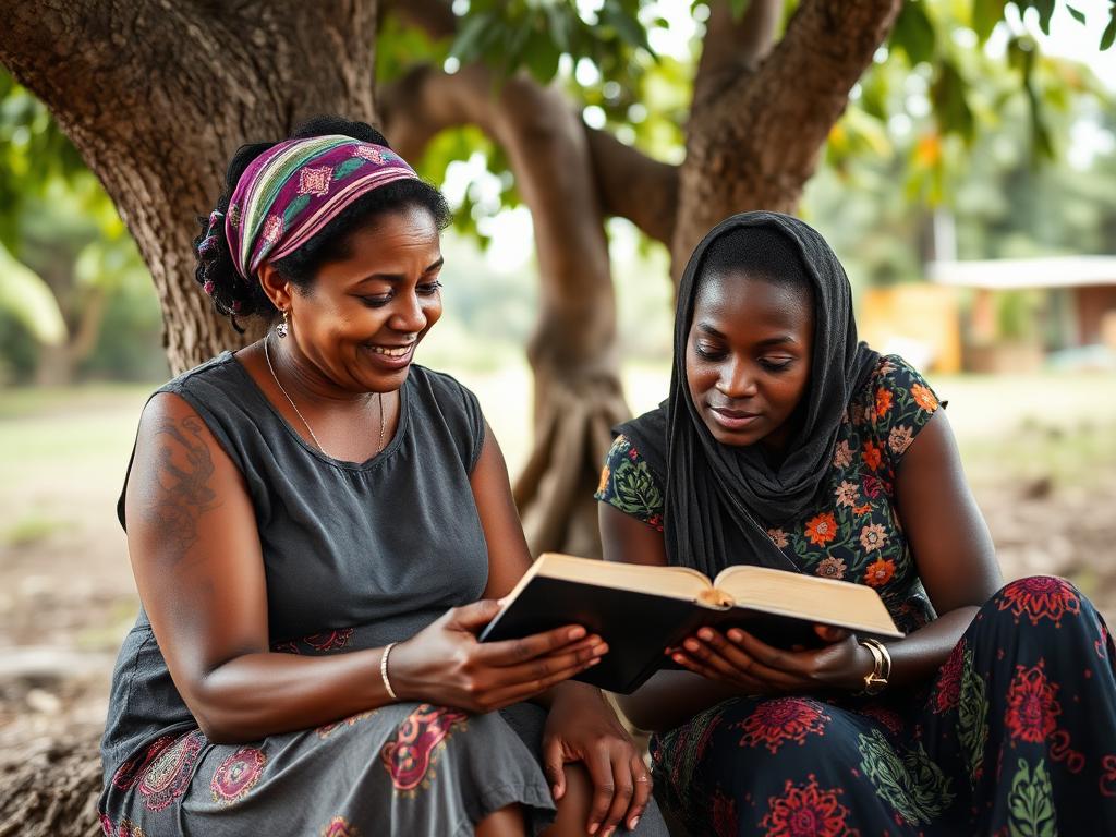 Female mentor reading the Bible one-on-one with a younger Haitian woman