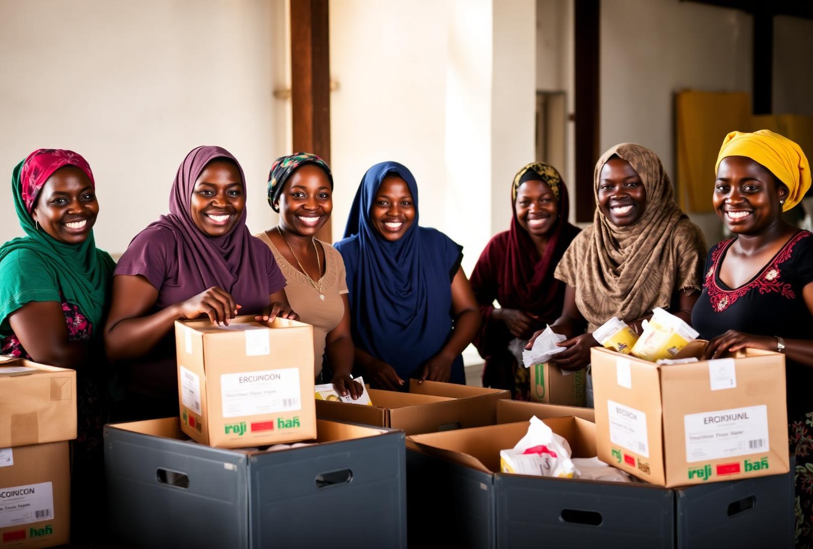 Haitian women smiling while packing food donations together