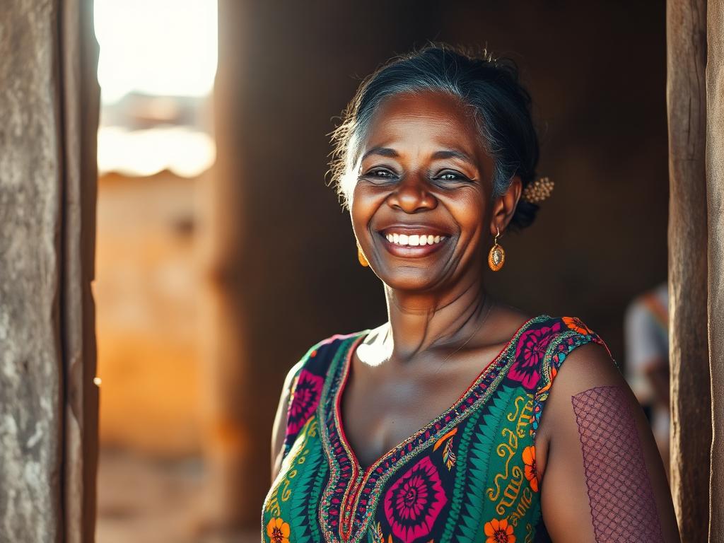 Haitian woman smiling with reclaimed dignity in a sunlit doorway
